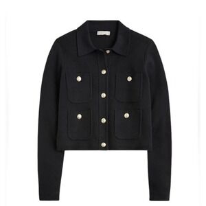 J Crew Sz L Black Patch Pocket Sweater Lady Jacket Preppy Old Money Gold Buttons